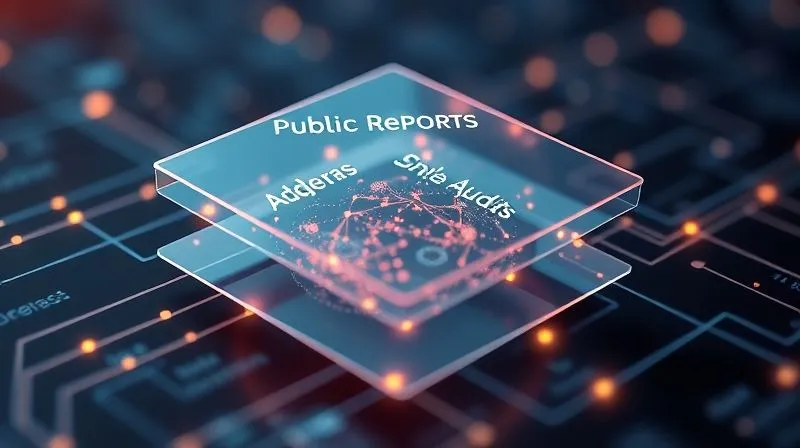 A photorealistic 3D infographic depicting layers of transparency, with an outer layer of 'Public Reports' and an inner core of 'Supply Chain Data' and 'Internal Audits', all connected by glowing lines representing data flow. Cinematic lighting, sharp focus, depth of field, 8K hyper-detailed, professional photography.