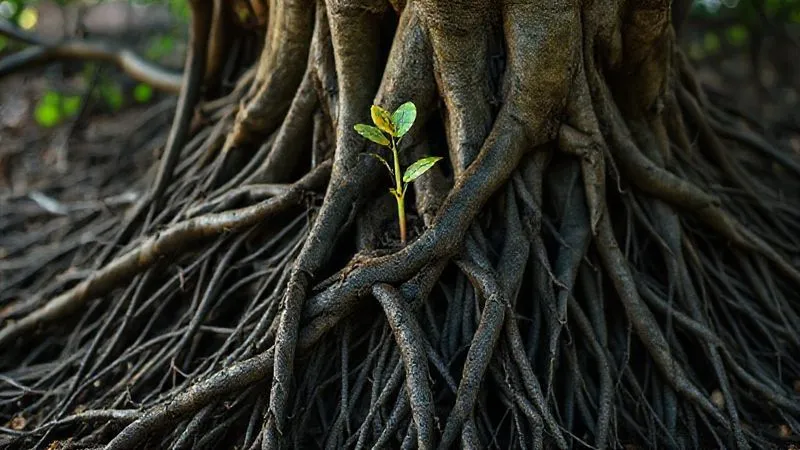 A photorealistic image of a complex, tangled root system of a tree, with a single, brightly colored new shoot trying to grow from the surface, while the deep roots below are dark and intertwined. Cinematic lighting, sharp focus on the roots, depth of field blurring the background, 8K hyper-detailed, professional photography, shot on a high-end DSLR.