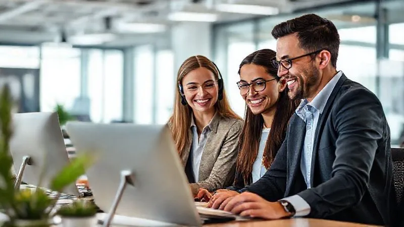 A photorealistic image of a diverse customer service team, smiling and collaboratively working in a modern, well-lit office. One agent is helping another understand a new software interface, depicting teamwork and support. Cinematic lighting, sharp focus on the team, depth of field blurring the background, 8K hyper-detailed, professional photography, shot on a high-end DSLR.