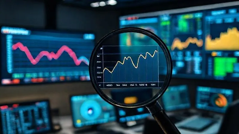 A photorealistic image of a complex, interactive data dashboard displayed on multiple screens in a modern control room. One screen prominently shows a declining CSAT graph, while another shows a high AHT. A magnifying glass is hovering over the CSAT graph, highlighting its trend. Cinematic lighting, sharp focus on the screens and magnifying glass, depth of field blurring the background, 8K hyper-detailed, professional photography, shot on a high-end DSLR.