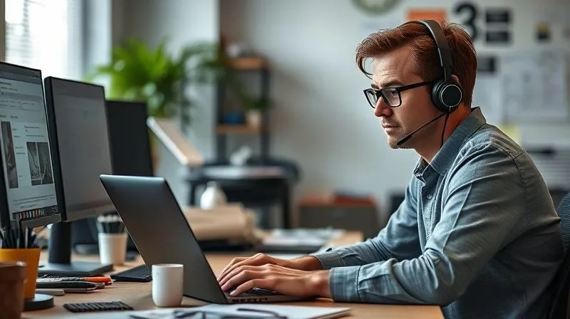 A photorealistic image of a customer service agent looking disengaged and bored during a virtual training session on a laptop, with a blank stare, surrounded by cluttered desk items, soft, uninspired office lighting, 8K hyper-detailed, shot on a high-end DSLR with shallow depth of field. A photorealistic image of a customer service agent looking disengaged and bored during a virtual training session on a laptop, with a blank stare, surrounded by cluttered desk items, soft, uninspired office lighting, 8K hyper-detailed, shot on a high-end DSLR with shallow depth of field.