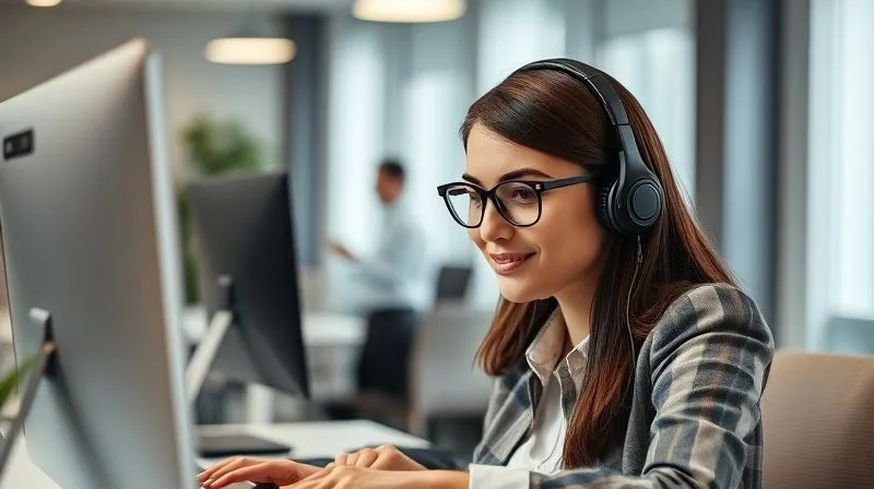 A photorealistic image of a customer service agent confidently and empathetically handling a complex phone call, with a headset on and a focused, calm expression, surrounded by a modern, clean office environment, soft, professional lighting, sharp focus on the agent's face, depth of field, 8K hyper-detailed, shot on a high-end DSLR. A photorealistic image of a customer service agent confidently and empathetically handling a complex phone call, with a headset on and a focused, calm expression, surrounded by a modern, clean office environment, soft, professional lighting, sharp focus on the agent's face, depth of field, 8K hyper-detailed, shot on a high-end DSLR.