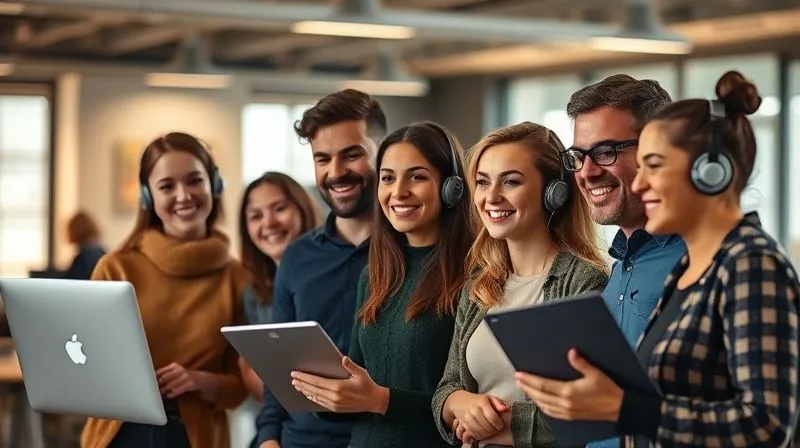 A photorealistic image of a diverse customer service team collaborating happily in a modern, open-plan office. They are smiling and engaged, with cinematic lighting creating a warm, inviting atmosphere, sharp focus on the team, depth of field blurring the background, 8K hyper-detailed, shot on a high-end DSLR. A photorealistic image of a diverse customer service team collaborating happily in a modern, open-plan office. They are smiling and engaged, with cinematic lighting creating a warm, inviting atmosphere, sharp focus on the team, depth of field blurring the background, 8K hyper-detailed, shot on a high-end DSLR.