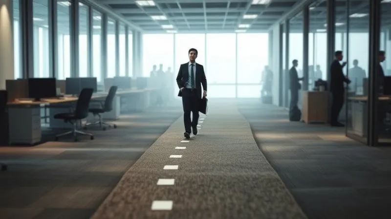 Photorealistic image illustrating a clear, well-lit, and signposted career path within a modern office setting, with a professional confidently walking along it. In contrast, a foggy, winding, and poorly lit path branches off to the side, representing uncertainty. Professional photography, 8K, cinematic lighting, sharp focus on the clear path, depth of field blurring the background, shot on a high-end DSLR. Photorealistic image illustrating a clear, well-lit, and signposted career path within a modern office setting, with a professional confidently walking along it. In contrast, a foggy, winding, and poorly lit path branches off to the side, representing uncertainty. Professional photography, 8K, cinematic lighting, sharp focus on the clear path, depth of field blurring the background, shot on a high-end DSLR.