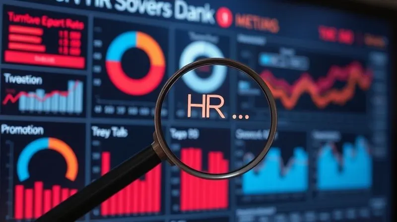 Photorealistic image of a digital dashboard displaying various HR metrics like turnover rates, engagement scores, and promotion timelines, with certain data points highlighted in red. A magnifying glass hovers over a specific area, indicating a focused analysis of potential flight risks. Professional photography, 8K, cinematic lighting, sharp focus on the dashboard, depth of field blurring the background, shot on a high-end DSLR. Photorealistic image of a digital dashboard displaying various HR metrics like turnover rates, engagement scores, and promotion timelines, with certain data points highlighted in red. A magnifying glass hovers over a specific area, indicating a focused analysis of potential flight risks. Professional photography, 8K, cinematic lighting, sharp focus on the dashboard, depth of field blurring the background, shot on a high-end DSLR.