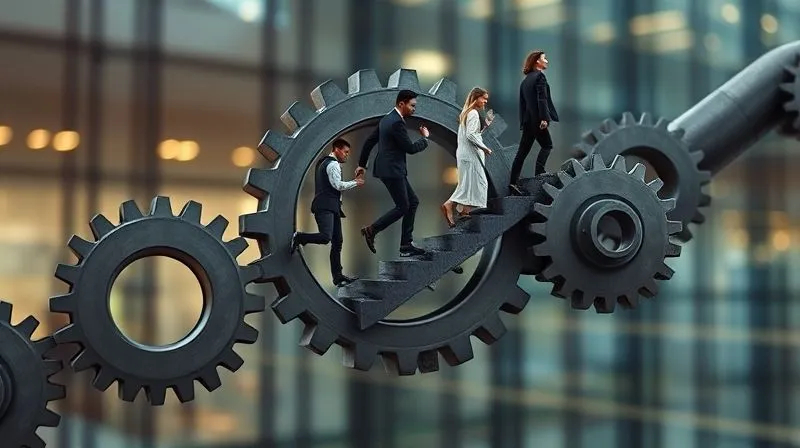 Photorealistic image of a strong, integrated talent pipeline represented by interlocking gears smoothly turning, with diverse professionals ascending through them towards a bright, prosperous future. Cinematic lighting, sharp focus on the gears and ascending figures, depth of field blurring a corporate background, 8K hyper-detailed, shot on a high-end DSLR. Photorealistic image of a strong, integrated talent pipeline represented by interlocking gears smoothly turning, with diverse professionals ascending through them towards a bright, prosperous future. Cinematic lighting, sharp focus on the gears and ascending figures, depth of field blurring a corporate background, 8K hyper-detailed, shot on a high-end DSLR.
