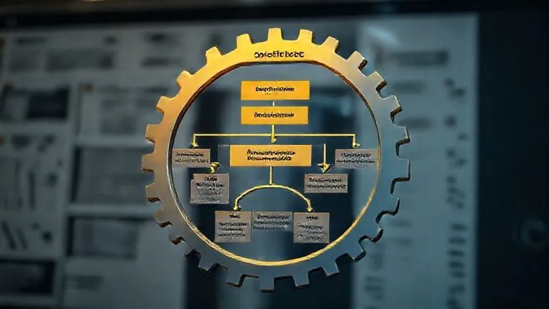 photorealistic, professional photography, 8K, cinematic lighting, sharp focus, depth of field, shot on a high-end DSLR, a detailed organizational chart transforming into a series of interconnected gears, demonstrating a clear, cascading flow from a top strategic objective at the apex down to specific, measurable performance indicators at the base, with arrows showing linkage and accountability, a sense of clarity and purpose.