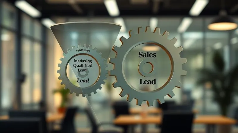 photorealistic, professional photography, 8K, cinematic lighting, sharp focus, depth of field, shot on a high-end DSLR. A sales funnel depicted as a series of interlocking gears, with some gears misaligned and not turning smoothly, causing friction and inefficiency. One gear is labeled 'Marketing Qualified Lead' and another 'Sales Qualified Lead', with a visible gap between them. The background is a blurred, modern office environment.