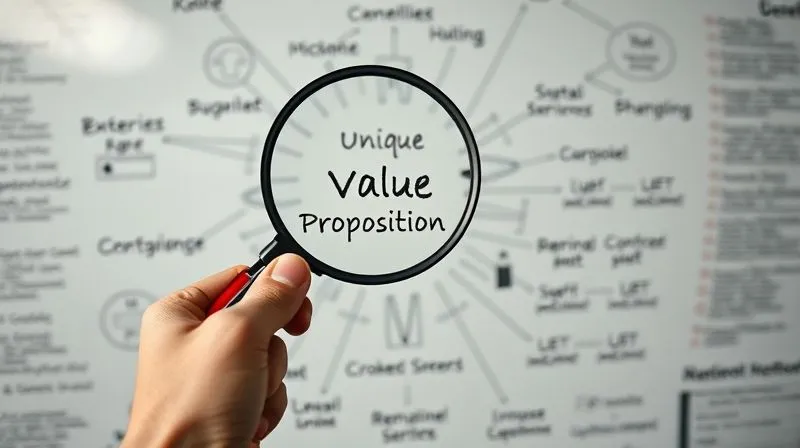photorealistic, professional photography, 8K, cinematic lighting, sharp focus, depth of field, shot on a high-end DSLR. A hand holding a magnifying glass over a complex, abstract diagram of intertwined ideas and benefits, with a single, brightly lit path emerging from the complexity labeled 'Unique Value Proposition'. The background is a blurred whiteboard with various business terms.