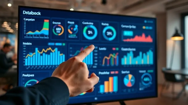 photorealistic, professional photography, 8K, cinematic lighting, sharp focus, depth of field, shot on a high-end DSLR. A vibrant, interactive data dashboard displayed on a large monitor in a modern office, showing various sales metrics like conversion rates, pipeline velocity, and lead sources. The dashboard is clean, with clear graphs and charts, and a hand is pointing to a specific data point indicating a bottleneck.