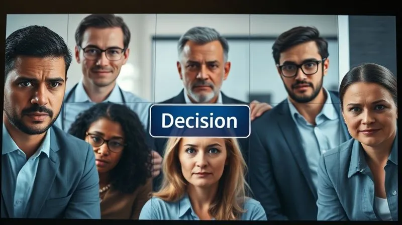 A photorealistic, professional photography, 8K, cinematic lighting, sharp focus, depth of field, shot on a high-end DSLR, of a group of diverse professionals on a video call, each with a different, slightly confused or hesitant expression. In the center of the screen, a digital 'decision' button hovers, but no one is clicking it. A subtle sense of collective uncertainty pervades the scene.