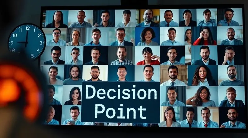 A photorealistic, professional photography, 8K, cinematic lighting, sharp focus, depth of field, shot on a high-end DSLR, of a chaotic virtual meeting screen with too many participants, each with a small, overwhelmed facial expression. A digital clock in the corner shows time ticking rapidly. In the foreground, a single, clear 'Decision Point' sign is obscured by a flurry of digital chat bubbles.