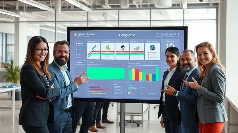 A photorealistic, professional photography, 8K, cinematic lighting, sharp focus, depth of field, shot on a high-end DSLR, of a team of diverse professionals in a bright, modern office space, gathered around a large digital dashboard displaying clear project timelines, completed tasks, and decision matrices. They are smiling and gesturing confidently towards the screen, embodying successful execution and accountability. A vibrant green 'Completed' status is prominent.