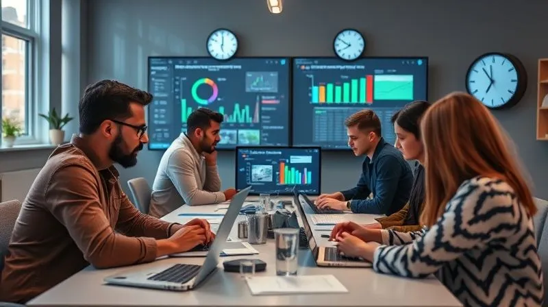 A photorealistic, professional photography, 8K, cinematic lighting, sharp focus, depth of field, shot on a high-end DSLR, of a diverse team collaborating seamlessly across different time zones, depicted by subtle clock overlays. They are actively engaged in individual work, interspersed with focused, brief virtual check-ins on screens displaying decision matrices and project progress. The overall mood is one of calm productivity and strategic alignment.