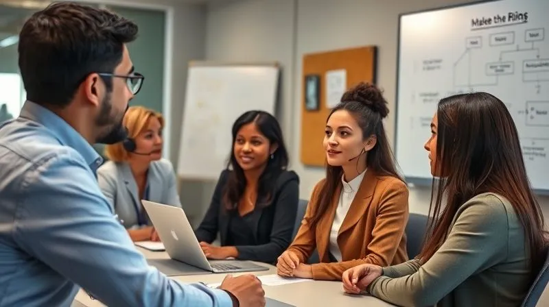 photorealistic, professional photography, 8K, cinematic lighting, sharp focus, depth of field, shot on a high-end DSLR, a diverse group of customer service agents engaged in a dynamic, scenario-based training exercise, one agent is actively role-playing with a coach, while others observe intently, a whiteboard in the background shows a flow chart of customer interaction, conveying active learning and practical application. photorealistic, professional photography, 8K, cinematic lighting, sharp focus, depth of field, shot on a high-end DSLR, a diverse group of customer service agents engaged in a dynamic, scenario-based training exercise, one agent is actively role-playing with a coach, while others observe intently, a whiteboard in the background shows a flow chart of customer interaction, conveying active learning and practical application.
