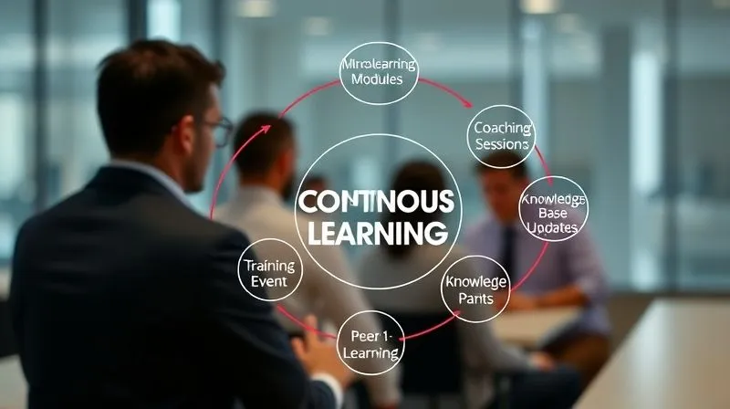 photorealistic, professional photography, 8K, cinematic lighting, sharp focus, depth of field, shot on a high-end DSLR, a dynamic infographic illustrating the concept of continuous learning, with a central 'Training Event' node branching out into 'Microlearning Modules', 'Coaching Sessions', 'Knowledge Base Updates', and 'Peer Discussions', all interconnected in a loop, vibrant colors against a clean, professional background. photorealistic, professional photography, 8K, cinematic lighting, sharp focus, depth of field, shot on a high-end DSLR, a dynamic infographic illustrating the concept of continuous learning, with a central 'Training Event' node branching out into 'Microlearning Modules', 'Coaching Sessions', 'Knowledge Base Updates', and 'Peer Discussions', all interconnected in a loop, vibrant colors against a clean, professional background.