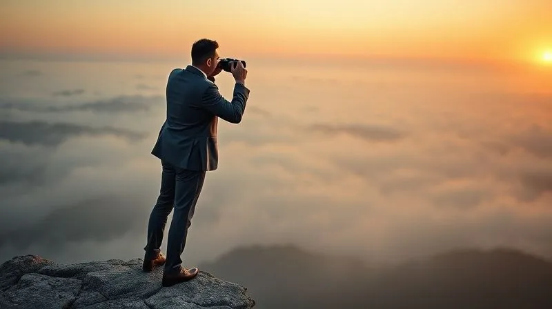 A photorealistic image of a business executive standing on a cliff edge, looking out over a vast, misty landscape at dawn. The executive holds a pair of binoculars, symbolizing strategic foresight and horizon scanning. The lighting is cinematic, casting long shadows, with the rising sun hinting at future possibilities. Sharp focus on the executive, depth of field blurring the distant landscape, 8K hyper-detailed, professional photography, shot on a high-end DSLR.