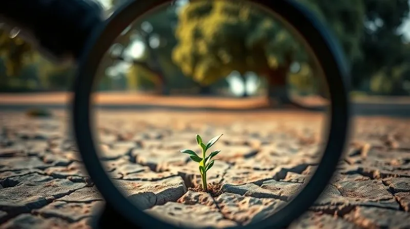 A photorealistic close-up of a magnifying glass focusing on a small, vibrant sprout pushing through cracked, arid ground, while in the blurred background, large established trees stand tall but appear static. Cinematic lighting highlights the sprout, symbolizing an overlooked small signal with immense growth potential. Sharp focus on the sprout, depth of field blurring the background, 8K hyper-detailed, professional photography, shot on a high-end DSLR.