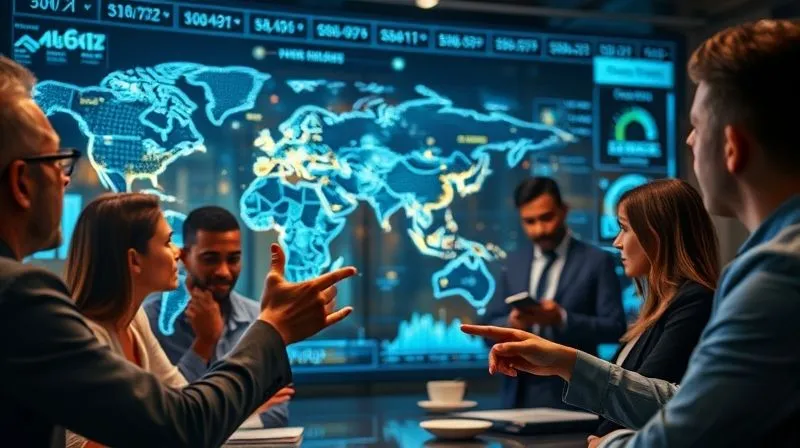 A photorealistic image of a sophisticated holographic radar screen displaying various data points and emerging trends as glowing signals across a global map. A diverse, focused business team is gathered around, intently analyzing the projections, with hands pointing to specific areas. The scene uses cinematic lighting, sharp focus on the radar and team, depth of field blurring the background office. 8K hyper-detailed, professional photography, shot on a high-end DSLR.
