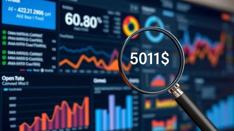 A photorealistic intricate digital dashboard displaying various email marketing analytics: open rates, CTRs, conversion rates, and A/B test results with clear 'winner' indicators. Data is shown in dynamic graphs and charts, with a magnifying glass hovering over a specific metric for analysis. Cinematic lighting, sharp focus on the dashboard elements, depth of field blurring the background, 8K hyper-detailed, shot on a high-end DSLR. A photorealistic intricate digital dashboard displaying various email marketing analytics: open rates, CTRs, conversion rates, and A/B test results with clear 'winner' indicators. Data is shown in dynamic graphs and charts, with a magnifying glass hovering over a specific metric for analysis. Cinematic lighting, sharp focus on the dashboard elements, depth of field blurring the background, 8K hyper-detailed, shot on a high-end DSLR.