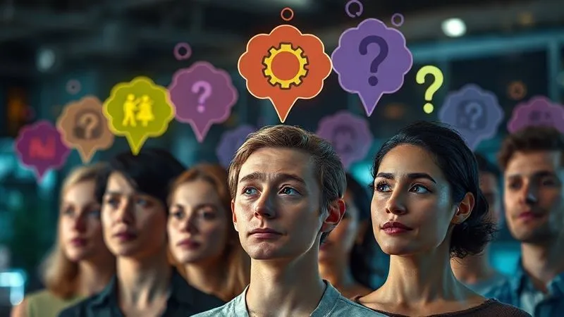 A photorealistic, professional photography image of a diverse group of people, each with a thought bubble above their head containing a unique icon representing their specific pain point or goal (e.g., a broken gear, a growing plant, a question mark). The group is subtly segmented by color or light, illustrating distinct buyer personas. 8K, cinematic lighting, sharp focus on the individuals, depth of field blurring a background of digital marketing elements, shot on a high-end DSLR. A photorealistic, professional photography image of a diverse group of people, each with a thought bubble above their head containing a unique icon representing their specific pain point or goal (e.g., a broken gear, a growing plant, a question mark). The group is subtly segmented by color or light, illustrating distinct buyer personas. 8K, cinematic lighting, sharp focus on the individuals, depth of field blurring a background of digital marketing elements, shot on a high-end DSLR.
