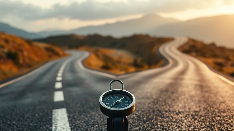 A photorealistic image of two distinct paths on a winding road, one labeled 'Lagging Indicators' looking backwards at a finished race, and the other labeled 'Leading Indicators' looking forward towards a distant finish line, with a compass in the foreground. Professional photography, 8K, cinematic lighting, sharp focus, depth of field.