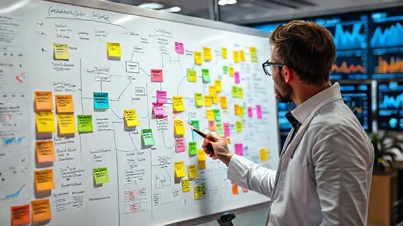 A photorealistic image of a complex, hand-drawn flowchart on a large whiteboard, with various colored sticky notes highlighting bottlenecks and inefficiencies. A data scientist is pointing at a specific section of the flowchart with a laser pointer, surrounded by charts and graphs on digital screens in a modern office. 8K, cinematic lighting, professional photography, sharp focus on the whiteboard, depth of field blurring the background. A photorealistic image of a complex, hand-drawn flowchart on a large whiteboard, with various colored sticky notes highlighting bottlenecks and inefficiencies. A data scientist is pointing at a specific section of the flowchart with a laser pointer, surrounded by charts and graphs on digital screens in a modern office. 8K, cinematic lighting, professional photography, sharp focus on the whiteboard, depth of field blurring the background.