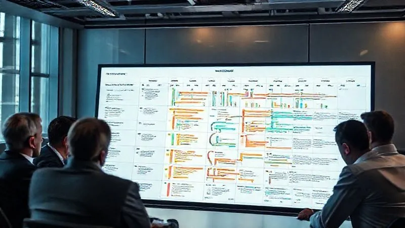 A photorealistic, highly detailed project roadmap laid out on a large, illuminated screen in a modern war room setting. The roadmap shows clear phases, milestones, dependencies, and resource allocations with colored bars and arrows. Executives are gathered around, intently viewing the plan, with an air of strategic focus. 8K, cinematic lighting, professional photography, sharp focus on the roadmap, depth of field blurring the background. A photorealistic, highly detailed project roadmap laid out on a large, illuminated screen in a modern war room setting. The roadmap shows clear phases, milestones, dependencies, and resource allocations with colored bars and arrows. Executives are gathered around, intently viewing the plan, with an air of strategic focus. 8K, cinematic lighting, professional photography, sharp focus on the roadmap, depth of field blurring the background.
