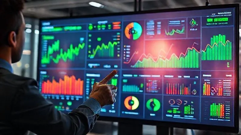 A photorealistic, vibrant digital dashboard displaying various real-time business process metrics with upward trending graphs and green indicators, symbolizing successful monitoring. A business analyst is interacting with the dashboard on a large touch screen, surrounded by a modern, collaborative workspace. 8K, cinematic lighting, professional photography, sharp focus on the dashboard, depth of field blurring the background. A photorealistic, vibrant digital dashboard displaying various real-time business process metrics with upward trending graphs and green indicators, symbolizing successful monitoring. A business analyst is interacting with the dashboard on a large touch screen, surrounded by a modern, collaborative workspace. 8K, cinematic lighting, professional photography, sharp focus on the dashboard, depth of field blurring the background.
