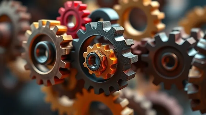 A photorealistic 3D infographic showing several intertwined gears of different sizes and colors, representing various stakeholder objectives (e.g., finance, operations, marketing). Some gears are clearly misaligned and not meshing properly, causing friction and inefficiency. Cinematic lighting, sharp focus on the misaligned gears, depth of field blurring the background. 8K professional photography.