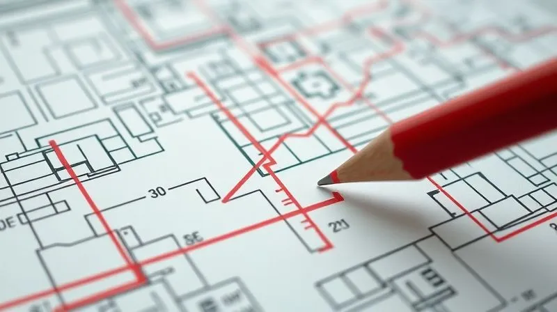A photorealistic close-up of a complex construction project blueprint, with a red pen aggressively marking out sections, indicating numerous changes and additions that are causing the lines to blur and overlap. The overall impression is one of chaos and uncontrolled expansion. Cinematic lighting, sharp focus on the red marks, depth of field blurring the background of the blueprint. 8K professional photography.