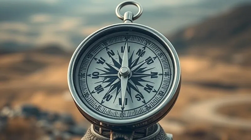 A photorealistic image of a complex compass, its needle erratically spinning and pointing in multiple directions, with a blurry background showing a vast, open landscape. The compass face is cracked, symbolizing a loss of clear direction. Cinematic lighting, sharp focus on the erratic compass, depth of field blurring the landscape. 8K professional photography.