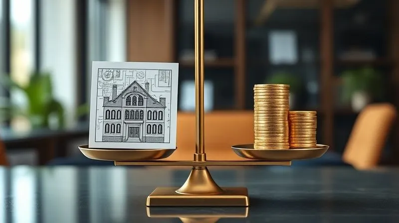 A photorealistic image of a perfectly balanced set of scales, with one side holding a complex, miniature blueprint of a successful capital project and the other side holding a stack of gold coins, representing high returns. The scales are perfectly level, symbolizing equilibrium and successful outcomes. Cinematic lighting, sharp focus on the scales, depth of field blurring a professional office background. 8K professional photography.