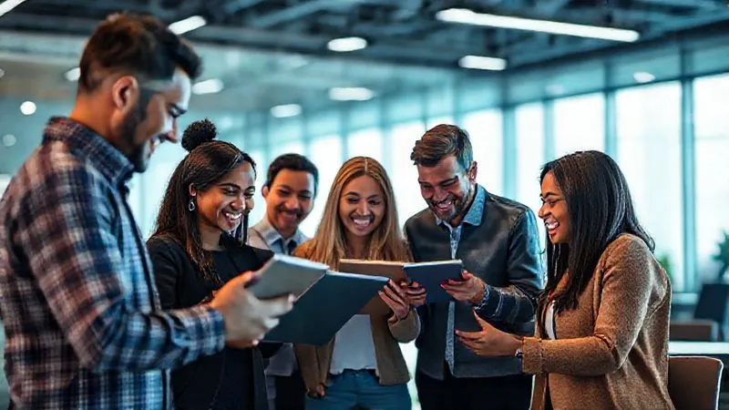 A photorealistic image of a diverse group of employees engaged in a modern, interactive training session for new digital tools. They are smiling, engaged, and actively collaborating on tablets and screens. Cinematic lighting, 8K, sharp focus on the group, depth of field blurring the futuristic office background, shot on a high-end DSLR, conveying successful learning and adoption. A photorealistic image of a diverse group of employees engaged in a modern, interactive training session for new digital tools. They are smiling, engaged, and actively collaborating on tablets and screens. Cinematic lighting, 8K, sharp focus on the group, depth of field blurring the futuristic office background, shot on a high-end DSLR, conveying successful learning and adoption.