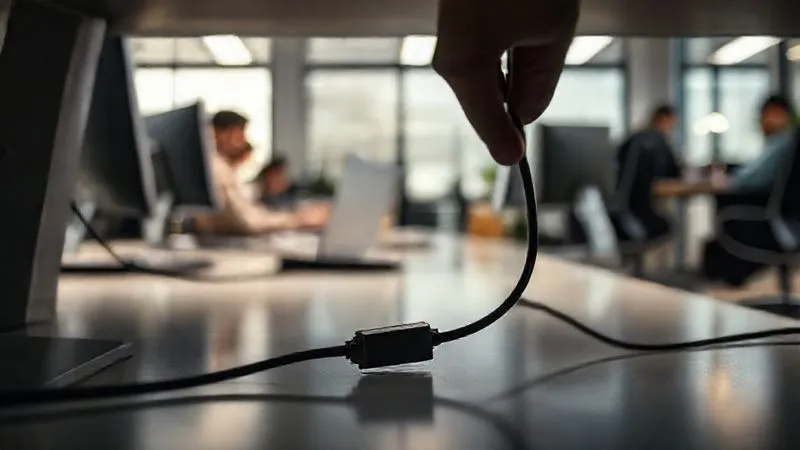A photorealistic image of a subtle act of sabotage in a modern office. A hand is subtly unplugging a network cable under a desk, while colleagues are busy in the background, unaware. Cinematic lighting, 8K, sharp focus on the hand and cable, depth of field blurring the office, shot on a high-end DSLR, conveying hidden disruption and intent. A photorealistic image of a subtle act of sabotage in a modern office. A hand is subtly unplugging a network cable under a desk, while colleagues are busy in the background, unaware. Cinematic lighting, 8K, sharp focus on the hand and cable, depth of field blurring the office, shot on a high-end DSLR, conveying hidden disruption and intent.