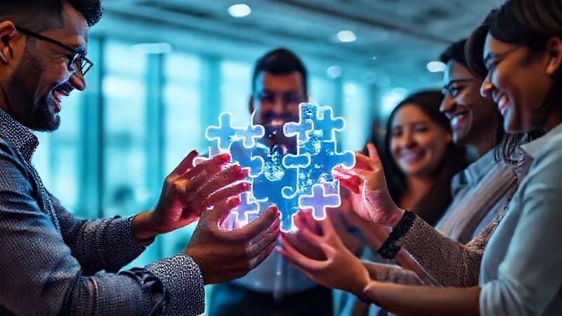 A photorealistic image of diverse employees collaboratively building a complex, glowing digital puzzle together, symbolizing collective effort in digital transformation. They are smiling and focused. Cinematic lighting, 8K, sharp focus on the puzzle and hands, depth of field blurring the modern, bright office, shot on a high-end DSLR, conveying unity and progress. A photorealistic image of diverse employees collaboratively building a complex, glowing digital puzzle together, symbolizing collective effort in digital transformation. They are smiling and focused. Cinematic lighting, 8K, sharp focus on the puzzle and hands, depth of field blurring the modern, bright office, shot on a high-end DSLR, conveying unity and progress.