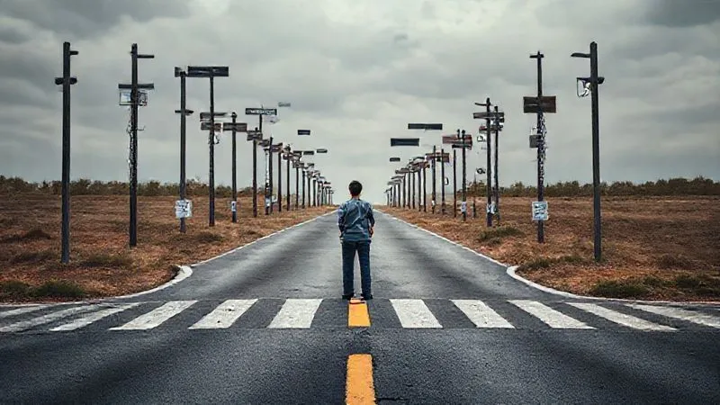 A photorealistic image of a person standing at a crossroads, looking hesitant and slightly overwhelmed by multiple complex paths ahead, representing resistance to change. Professional photography, 8K, cinematic lighting, sharp focus, depth of field.