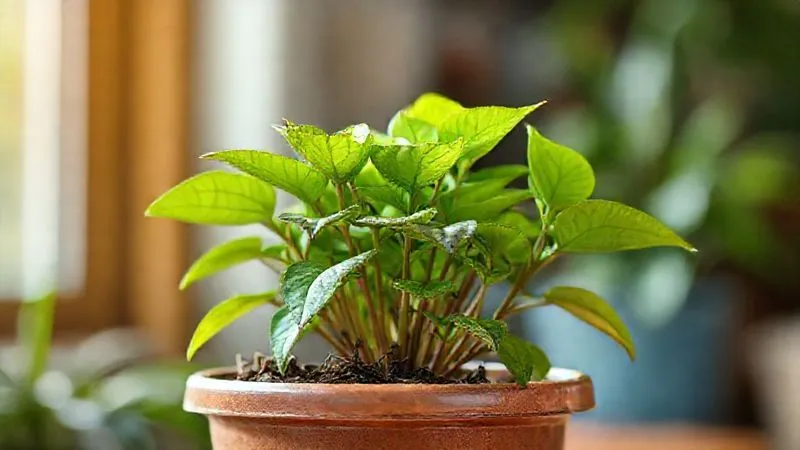 A photorealistic image of a vibrant, healthy plant in a pot, but with visible signs of neglect and wilting, symbolizing a solution that withered due to lack of follow-up. Professional photography, 8K, cinematic lighting, sharp focus, depth of field.