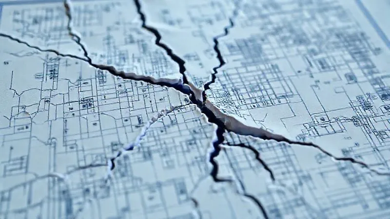 A photorealistic image of a meticulously drawn blueprint, but with cracks and tears appearing across it, signifying a rigid plan failing in a dynamic environment. Professional photography, 8K, cinematic lighting, sharp focus, depth of field.