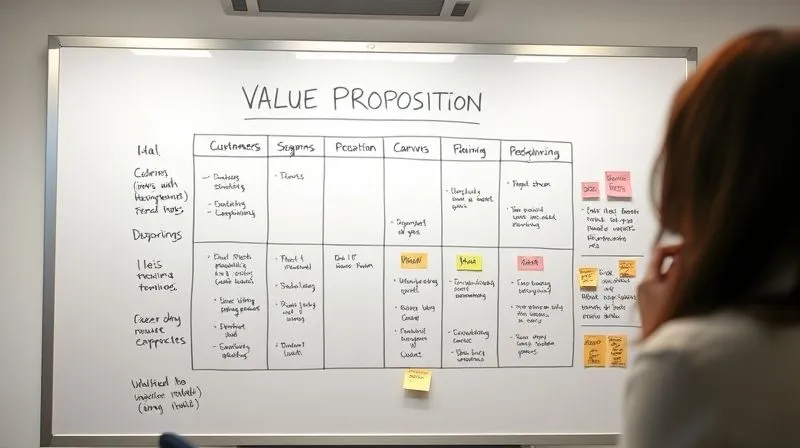 A photorealistic, professional photography, 8K, cinematic lighting, sharp focus, depth of field, shot on a high-end DSLR image of a sophisticated whiteboard with a clearly mapped-out 'Value Proposition Canvas' diagram, showing customer segments, pains, gains, and how a company's products/services address them. The diagram is well-organized with sticky notes and connecting lines, bathed in soft, strategic office lighting.