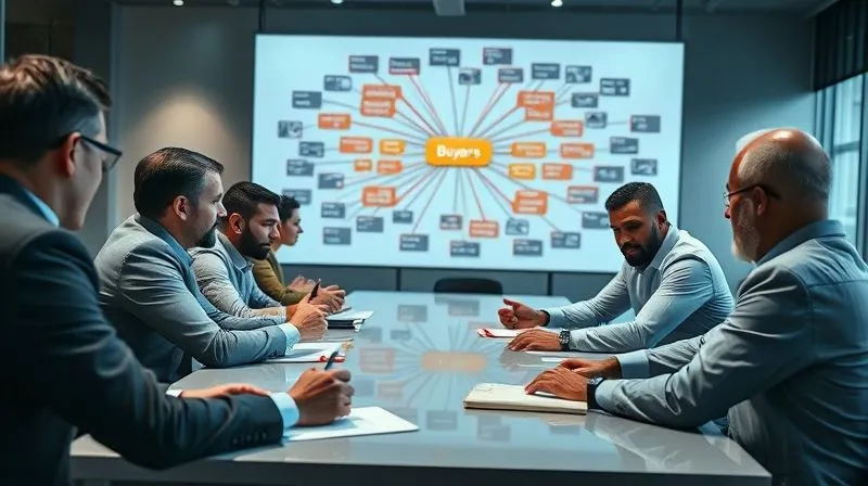 A photorealistic, professional photography, 8K, cinematic lighting, sharp focus, depth of field, shot on a high-end DSLR image of a diverse group of business professionals (men and women of different ages and ethnicities) sitting around a large conference table, deeply engaged in a discussion. One person is actively listening and taking notes, while others are gesturing and contributing. A complex mind map or flow chart on a screen in the background visually represents a buyer's journey, with different colored nodes for various stakeholders. The atmosphere is collaborative and focused.