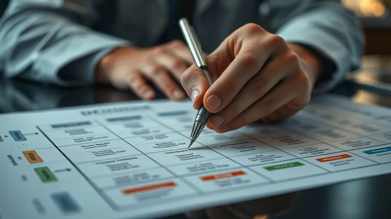 A photorealistic, professional photography, 8K, cinematic lighting, sharp focus, depth of field, shot on a high-end DSLR image of a focused business person's hand, holding a pen, poised over a complex decision matrix or flow chart on a desk. The chart has several paths leading to different outcomes, with some paths highlighted in green (success) and others in red (risk). The scene conveys contemplation and the weight of a critical business decision, with a sense of clarity emerging from the complexity.
