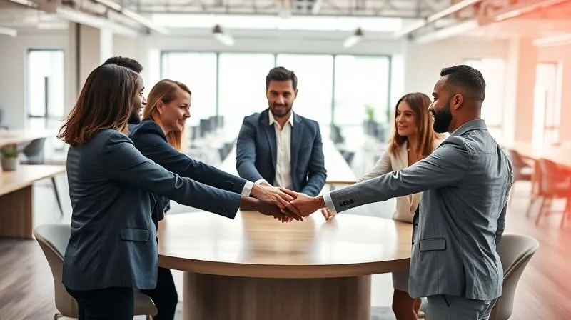 A photorealistic, professional photography, 8K, cinematic lighting, sharp focus, depth of field, shot on a high-end DSLR image of several diverse business professionals (representing sales, marketing, product, and customer success) standing around a large circular table. Their hands are interlocked in the center, symbolizing unity and collaboration. The background shows a modern, open-plan office with clear visual pathways, emphasizing seamless integration. The lighting is bright and encouraging, reflecting a positive, aligned work environment.
