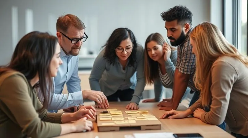A photorealistic image of a diverse team of professionals gathered around a table, actively interacting with a low-fidelity prototype made of cardboard and sticky notes. Their expressions show engagement and critical thinking, with one person pointing to a specific element. Professional photography, 8K, cinematic lighting, sharp focus on the prototype and team members, depth of field blurring the background, shot on a high-end DSLR, conveying collaborative learning and iterative design. A photorealistic image of a diverse team of professionals gathered around a table, actively interacting with a low-fidelity prototype made of cardboard and sticky notes. Their expressions show engagement and critical thinking, with one person pointing to a specific element. Professional photography, 8K, cinematic lighting, sharp focus on the prototype and team members, depth of field blurring the background, shot on a high-end DSLR, conveying collaborative learning and iterative design.