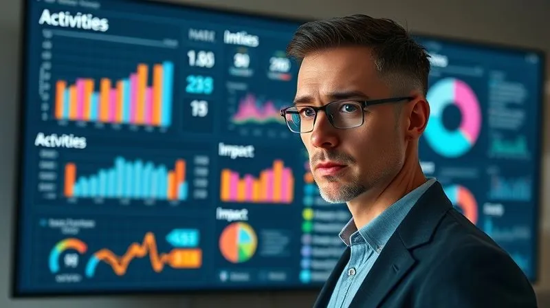A photorealistic image of a complex dashboard on a large monitor, displaying various data visualizations like bar charts, line graphs, and pie charts. One section highlights 'Activities' with high numbers, while another, smaller section shows 'Impact' with significantly lower or stagnant figures. The screen is slightly blurred in the background, with a focused, concerned professional looking at the 'Impact' section in the foreground. Professional photography, 8K, cinematic lighting, sharp focus on the professional and the impact metrics, depth of field, shot on a high-end DSLR, conveying the challenge of measuring true impact over activity. A photorealistic image of a complex dashboard on a large monitor, displaying various data visualizations like bar charts, line graphs, and pie charts. One section highlights 'Activities' with high numbers, while another, smaller section shows 'Impact' with significantly lower or stagnant figures. The screen is slightly blurred in the background, with a focused, concerned professional looking at the 'Impact' section in the foreground. Professional photography, 8K, cinematic lighting, sharp focus on the professional and the impact metrics, depth of field, shot on a high-end DSLR, conveying the challenge of measuring true impact over activity.