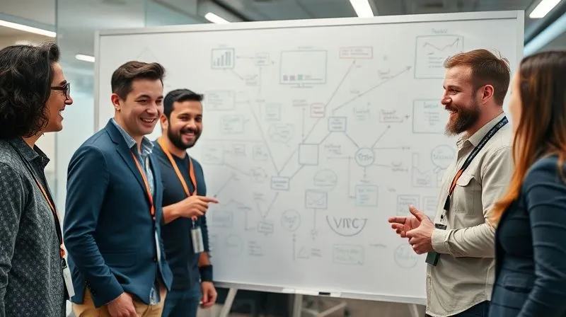 A photorealistic image of a diverse group of professionals from various departments (identified by subtle cues like different colored lanyards or distinct workspaces) collaboratively working on a large whiteboard filled with interconnected ideas and diagrams. They are smiling and engaged, symbolizing a unified innovation culture. Professional photography, 8K, cinematic lighting, sharp focus on the group and whiteboard, depth of field blurring the office background, shot on a high-end DSLR, conveying seamless cross-functional collaboration and shared purpose. A photorealistic image of a diverse group of professionals from various departments (identified by subtle cues like different colored lanyards or distinct workspaces) collaboratively working on a large whiteboard filled with interconnected ideas and diagrams. They are smiling and engaged, symbolizing a unified innovation culture. Professional photography, 8K, cinematic lighting, sharp focus on the group and whiteboard, depth of field blurring the office background, shot on a high-end DSLR, conveying seamless cross-functional collaboration and shared purpose.