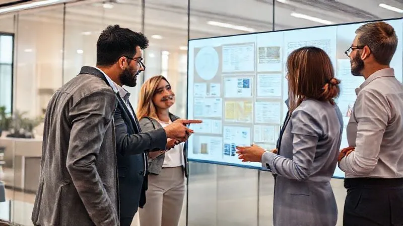 A photorealistic image of diverse business professionals in a modern, brightly lit collaboration space, actively discussing charts and projections on a transparent interactive screen. They are pointing and engaging, showing dynamic teamwork and shared focus on future strategies. Professional photography, 8K, cinematic lighting, sharp focus on the group, depth of field blurring the background, shot on a high-end DSLR. A photorealistic image of diverse business professionals in a modern, brightly lit collaboration space, actively discussing charts and projections on a transparent interactive screen. They are pointing and engaging, showing dynamic teamwork and shared focus on future strategies. Professional photography, 8K, cinematic lighting, sharp focus on the group, depth of field blurring the background, shot on a high-end DSLR.