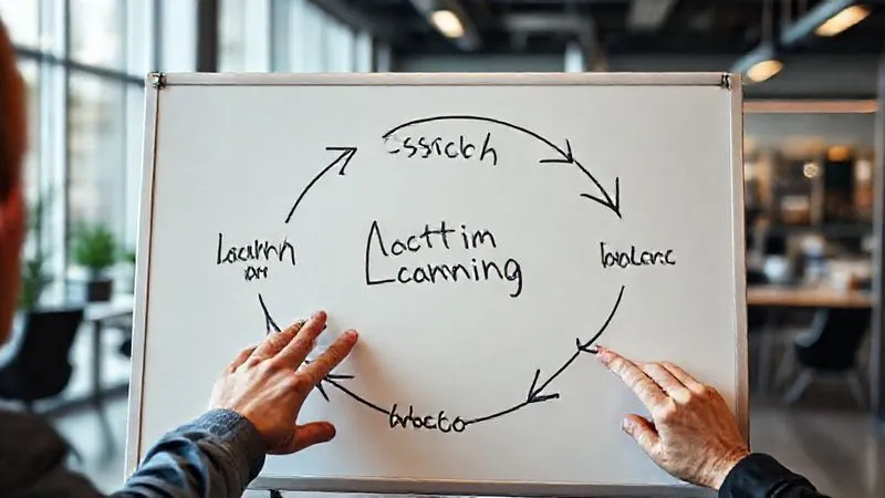 A photorealistic image of a circular arrow diagram drawn on a whiteboard in a modern office, depicting a continuous feedback loop: "Insight -> Action -> Learning -> Refinement -> Insight". Hands are visible, pointing to different stages, suggesting active discussion and iteration. Professional photography, 8K, cinematic lighting, sharp focus on the whiteboard, depth of field blurring the background office, shot on a high-end DSLR. A photorealistic image of a circular arrow diagram drawn on a whiteboard in a modern office, depicting a continuous feedback loop: "Insight -> Action -> Learning -> Refinement -> Insight". Hands are visible, pointing to different stages, suggesting active discussion and iteration. Professional photography, 8K, cinematic lighting, sharp focus on the whiteboard, depth of field blurring the background office, shot on a high-end DSLR.