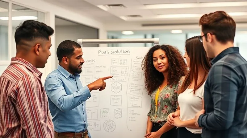 A photorealistic image of a diverse team of professionals collaborating intently around a whiteboard covered with ideas and diagrams. One team member is pointing to a solution, while others are actively listening and contributing. The atmosphere is energetic and collaborative, with cinematic lighting and sharp focus on the team, depth of field blurring the office background, 8K hyper-detailed, professional photography.