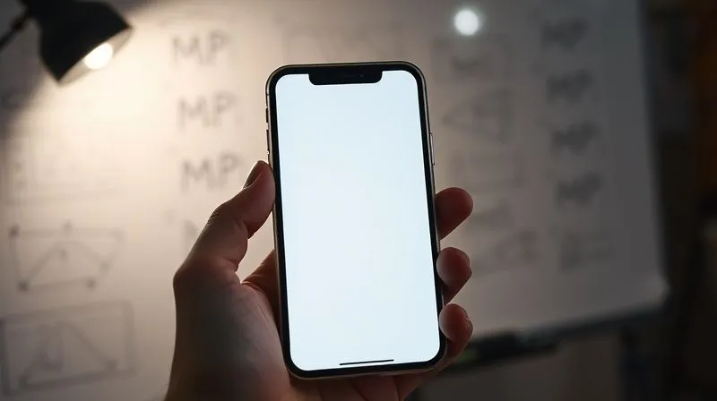 A photorealistic image of a minimalist mobile app interface being tested by a user's hand, with a spotlight illuminating the screen. Behind it, blurred out, are multiple iterations of design sketches on a whiteboard, symbolizing the MVP and iterative process. Cinematic lighting, sharp focus on the app, depth of field blurring the background, 8K hyper-detailed, professional photography.
